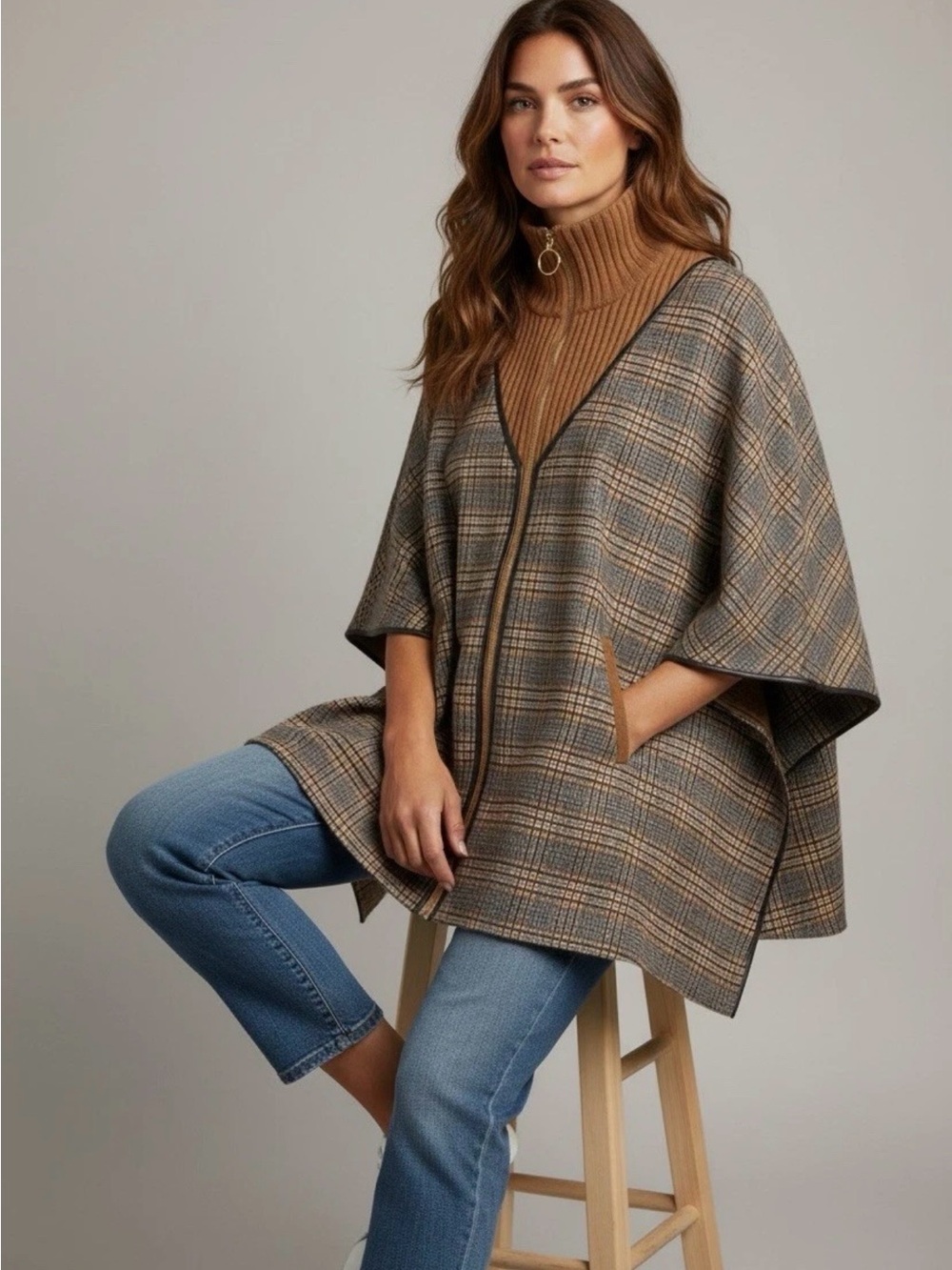 Akemi + Kin Plaid Zipper Front Cape Poncho in Brown Plaid